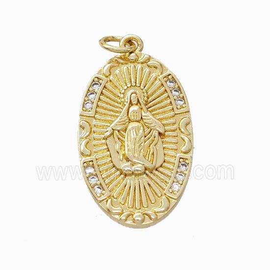Virgin Mary Charms Copper Pendant Pave Zirconia Oval Gold Plated