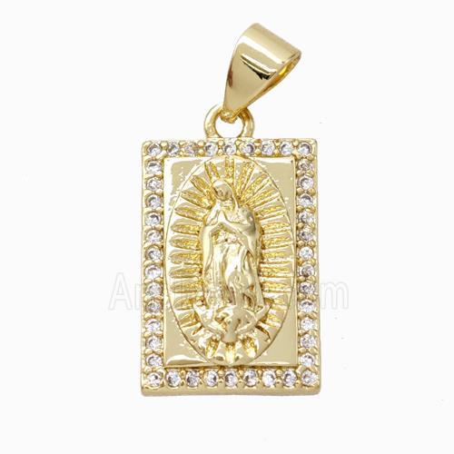 Virgin Mary Charms Copper Rectangle Pendant Pave Zirconia Gold Plated