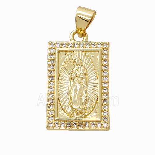 Virgin Mary Charms Copper Rectangle Pendant Pave Zirconia Gold Plated