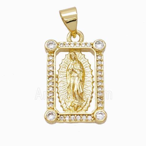 Virgin Mary Charms Copper Rectangle Pendant Pave Zirconia Gold Plated