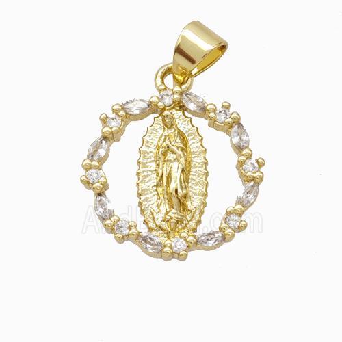 Virgin Mary Charms Copper Circle Pendant Micropave Zirconia Gold Plated