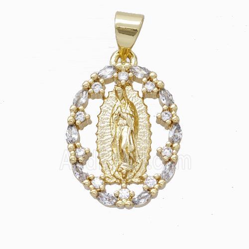 Virgin Mary Charms Copper Oval Pendant Micropave Zirconia Gold Plated