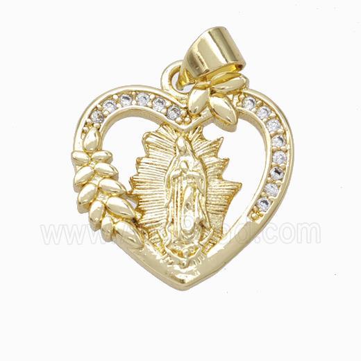 Virgin Mary Charms Copper Heart Pendant Micropave Zirconia Gold Plated