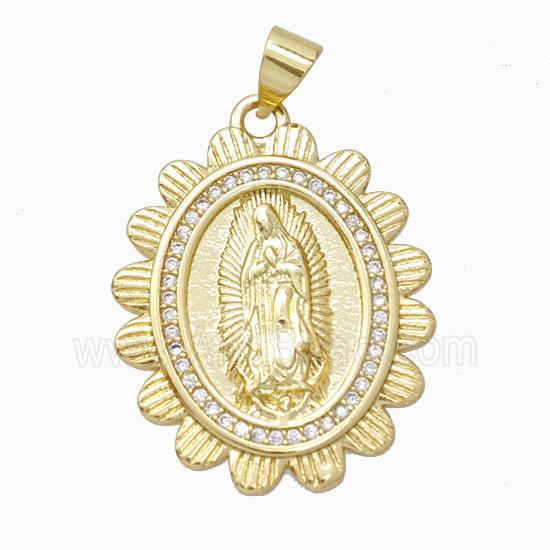 Virgin Mary Charms Copper Oval Pendant Micropave Zirconia Gold Plated