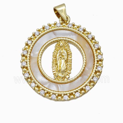 Jesus Charms Copper Pendant Pave Shell Zirconia Circle Gold Plated