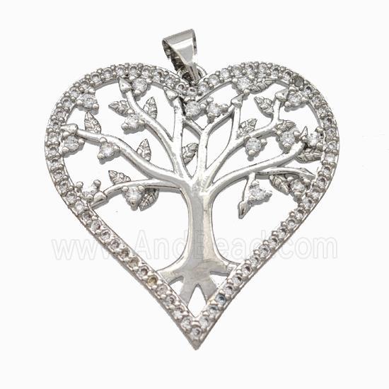 Copper Tree Pendant Micropave Zirconia Heart Platinum Plated
