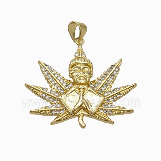 Copper Buddha Pendant Micropave Zirconia Maple Leaf Gold Plated