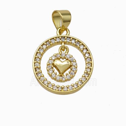 Copper Circle Pendant Micropave Zirconia Heart Gold Plated