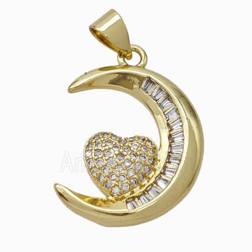 Copper Moon Pendant Pave Zirconia Heart Gold Plated