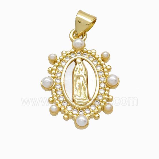 Virgin Mary Charms Copper Pendant Pave Zirconia Shell Resin 18K Gold Plated