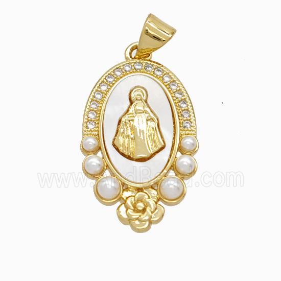 Virgin Mary Charms Copper Pendant Pave Zirconia Shell Resin 18K Gold Plated