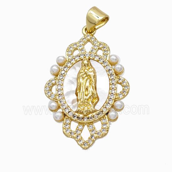 Jesus Charms Copper Pendant Pave Zirconia Shell Resin 18K Gold Plated