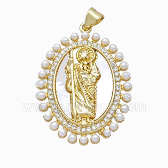 Saint Jude Charms Copper Pendant Pave Zirconia Shell Resin 18K Gold Plated