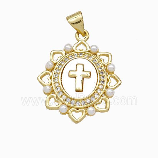 Copper Cross Pendant Pave Zirconia Shell Resin 18K Gold Plated