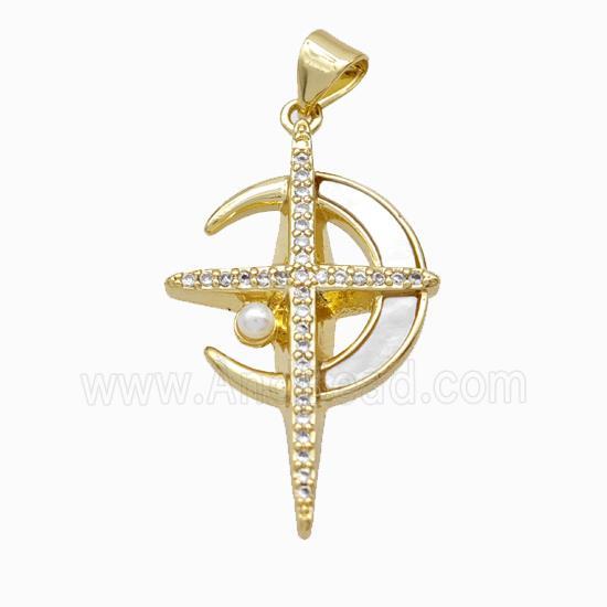 Copper Cross Pendant Pave Zirconia Shell Resin Moon 18K Gold Plated