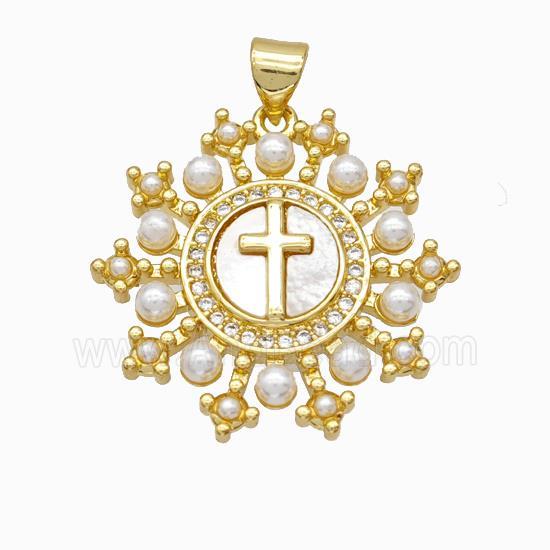 Copper Cross Pendant Pave Zirconia Shell Resin 18K Gold Plated