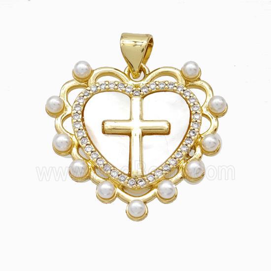 Copper Cross Pendant Pave Zirconia Shell Resin Heart 18K Gold Plated