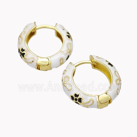 Copper Hoop Earrings White Enamel Flower Gold Plated