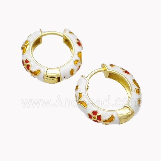 Copper Hoop Earrings White Enamel Flower Gold Plated