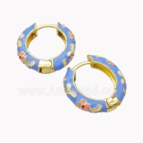 Copper Hoop Earrings Blue Enamel Flower Gold Plated