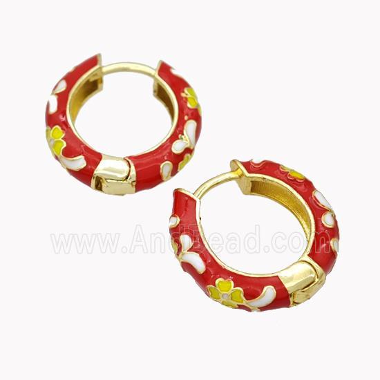 Copper Hoop Earrings Red Enamel Flower Gold Plated