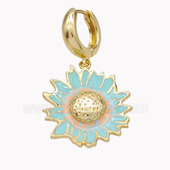 Copper Hoop Earrings With Sunflower Teal Enamel Gold Plated