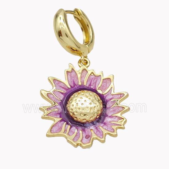 Copper Hoop Earrings With Sunflower Purple Enamel Gold Plated