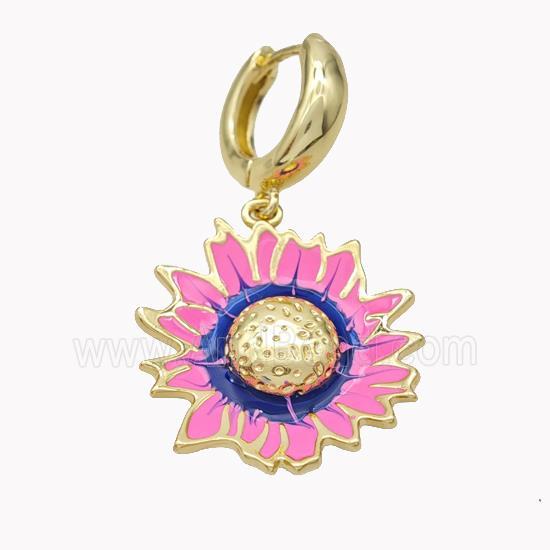Copper Hoop Earrings With Sunflower Pink Enamel Gold Plated