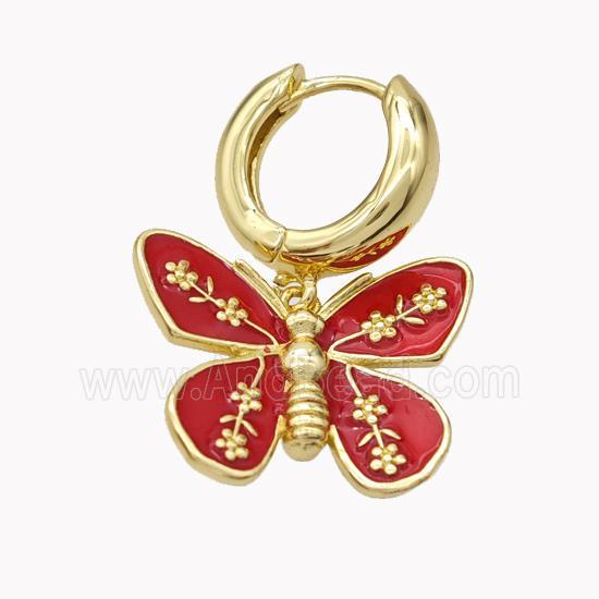 Copper Hoop Earrings With Butterfly Red Enamel Gold Plated