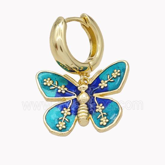 Copper Hoop Earrings With Butterfly Teal Enamel Gold Plated