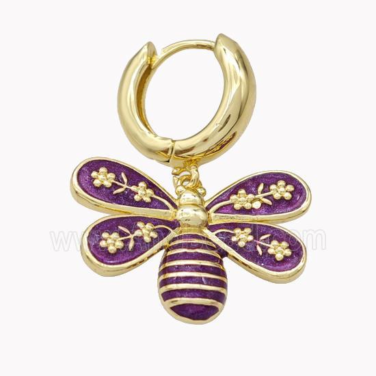 Copper Hoop Earrings With Honeybee Purple Enamel Gold Plated
