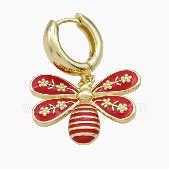 Copper Hoop Earrings With Honeybee Red Enamel Gold Plated