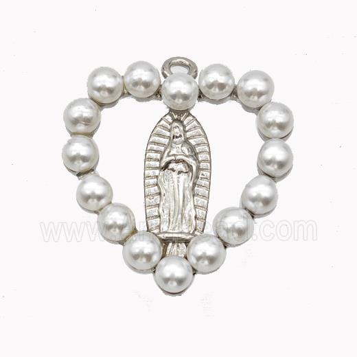 Virgin Mary Charms Copper Heart Pendant Pave Pearlized Resin Platinum Plated