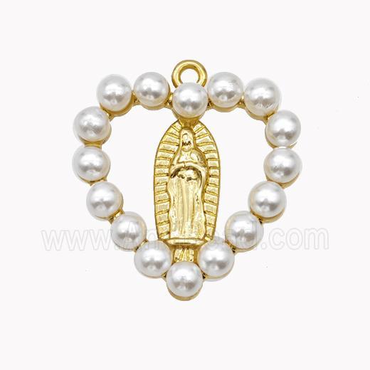 Virgin Mary Charms Copper Heart Pendant Pave Pearlized Resin Gold Plated