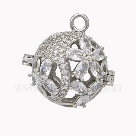 Copper Ball Flower Locket Pendant Pave Zirconia Platinum Plated