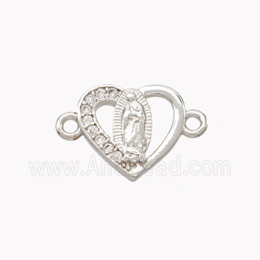 Virgin Mary Charms Copper Heart Connector Pave Zirconia Platinum Plated