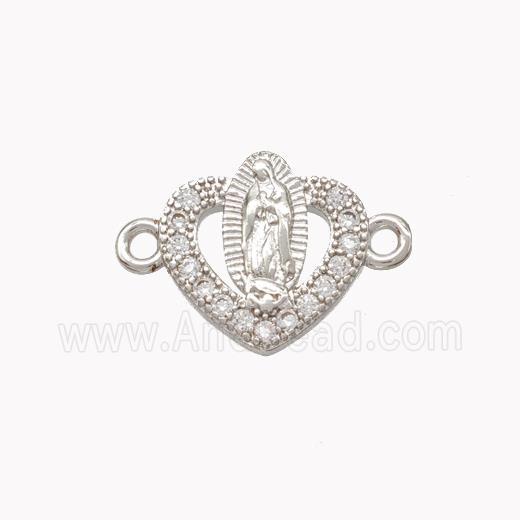 Virgin Mary Charms Copper Heart Connector Pave Zirconia Platinum Plated