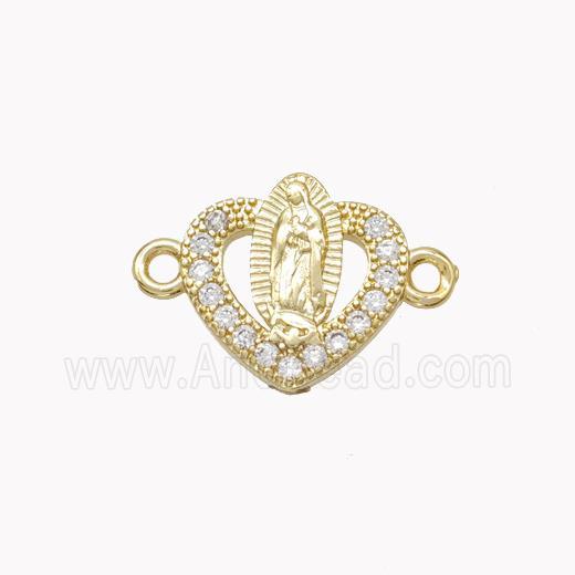 Virgin Mary Charms Copper Heart Connector Pave Zirconia Gold Plated