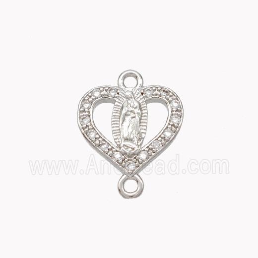 Virgin Mary Charms Copper Heart Connector Pave Zirconia Platinum Plated