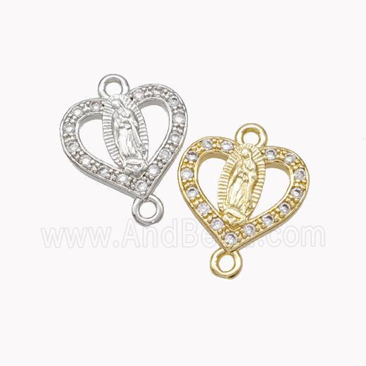 Virgin Mary Charms Copper Heart Connector Pave Zirconia Mixed