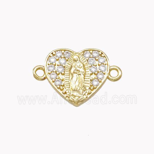 Virgin Mary Charms Copper Heart Connector Pave Zirconia Gold Plated
