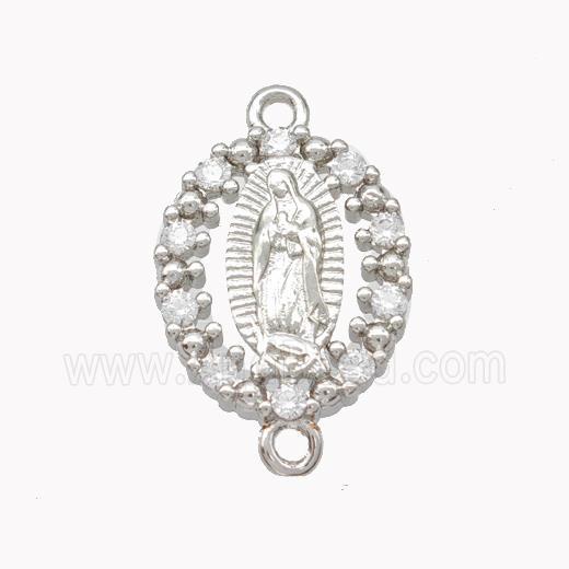 Virgin Mary Charms Copper Oval Connector Pave Zirconia Platinum Plated