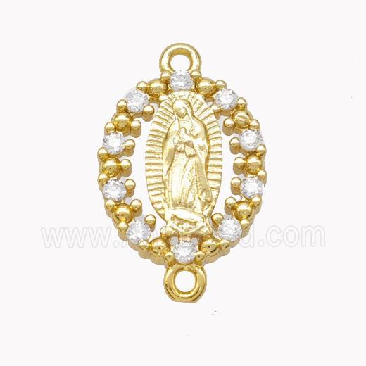 Virgin Mary Charms Copper Oval Connector Pave Zirconia Gold Plated