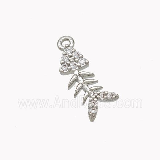 Copper Fishbone Pendant Pave Zirconia Platinum Plated