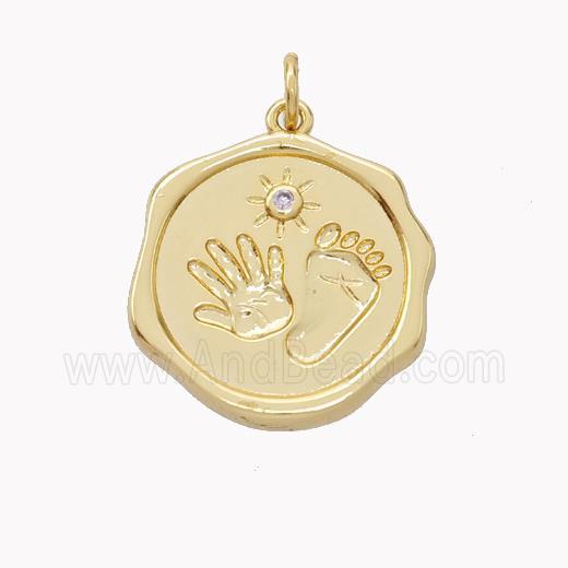 Copper Hand Footprint Pendant Pave Zirconia Circle Gold Plated