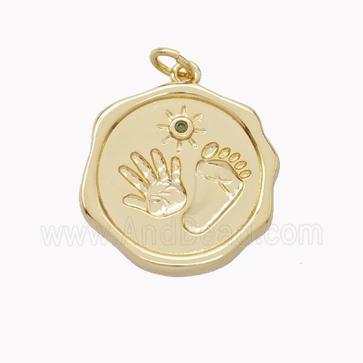 Copper Hand Footprint Pendant Pave Zirconia Circle Gold Plated