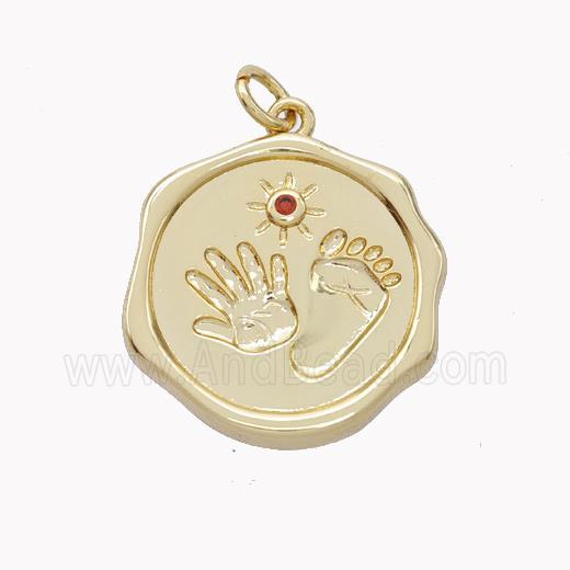 Copper Hand Footprint Pendant Pave Zirconia Circle Gold Plated