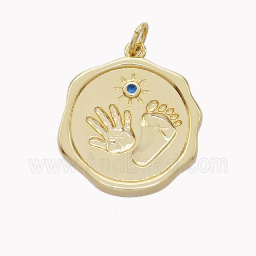 Copper Hand Footprint Pendant Pave Zirconia Circle Gold Plated