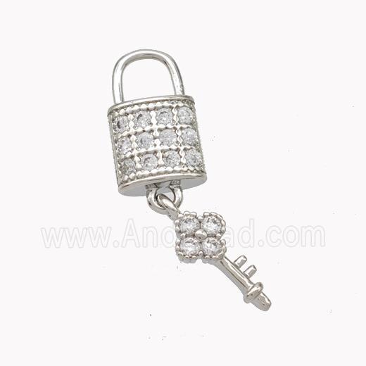 Copper Lock Key Pendant Pave Zirconia Platinum Plated
