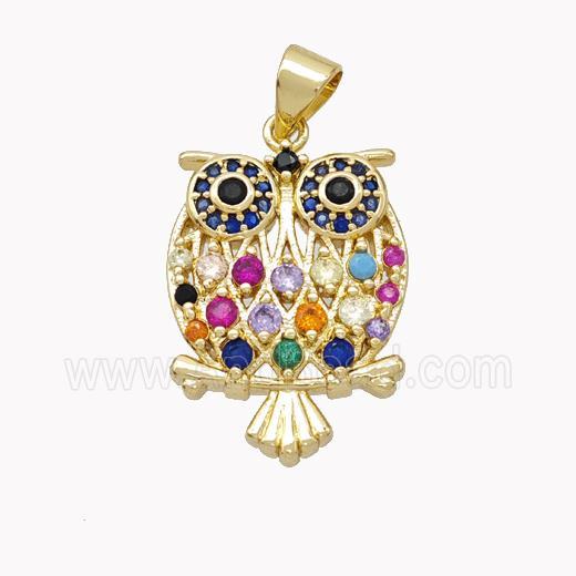 Copper Owl Pendant Pave Multicolor Zirconia Birds Gold Plated